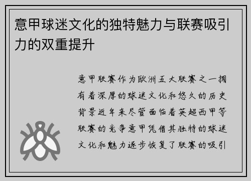 意甲球迷文化的独特魅力与联赛吸引力的双重提升