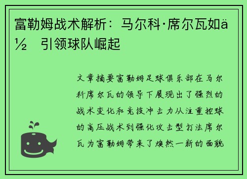 富勒姆战术解析：马尔科·席尔瓦如何引领球队崛起